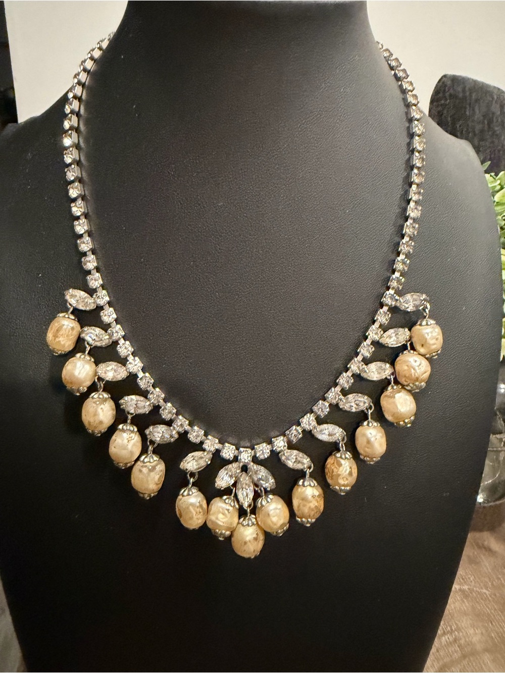 Elegant Gold Faux Pearl and Crystal Statement Necklace